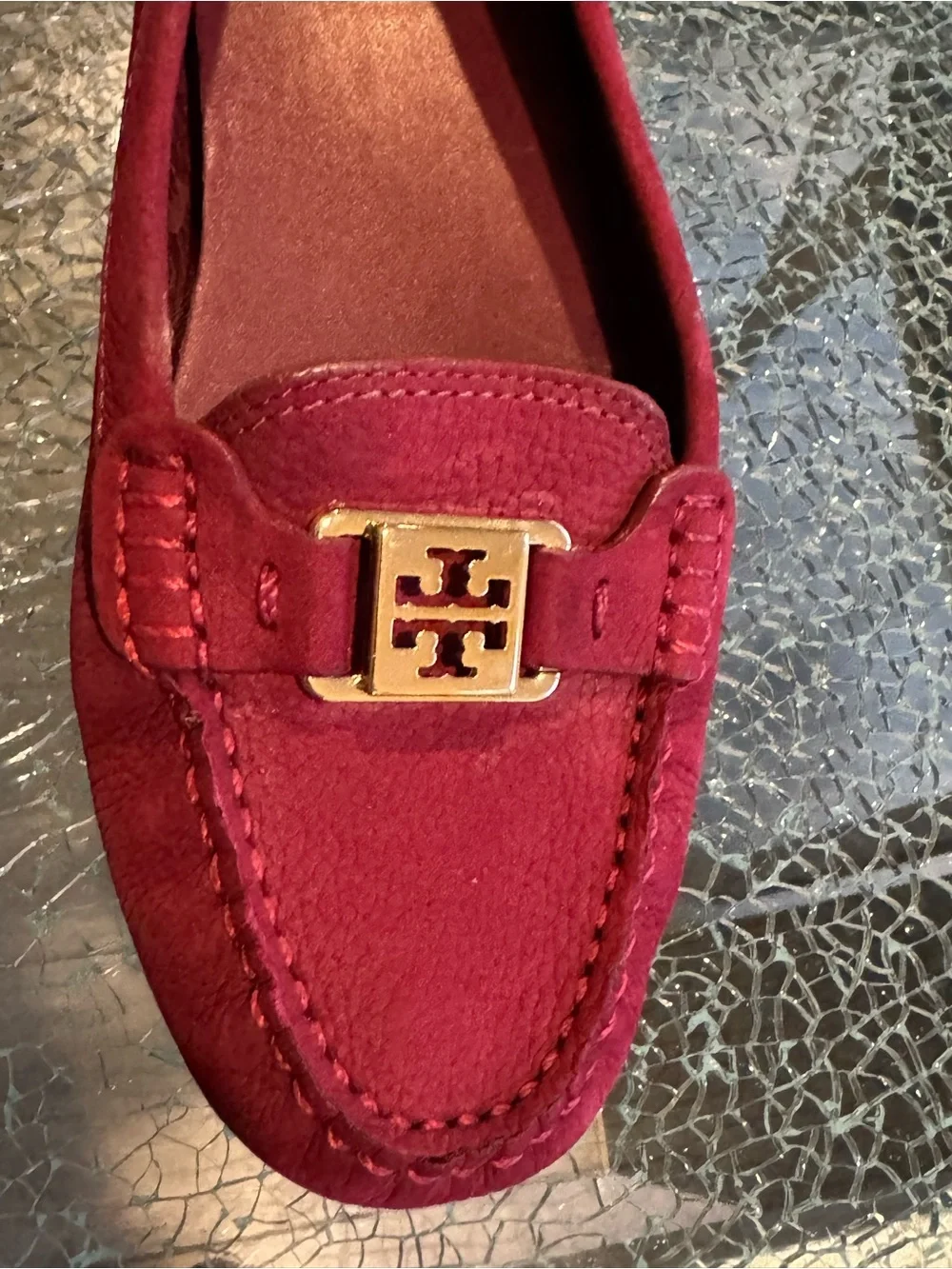 Tory Burch Deep Red Suede Loafers with Gold Logo 8 M